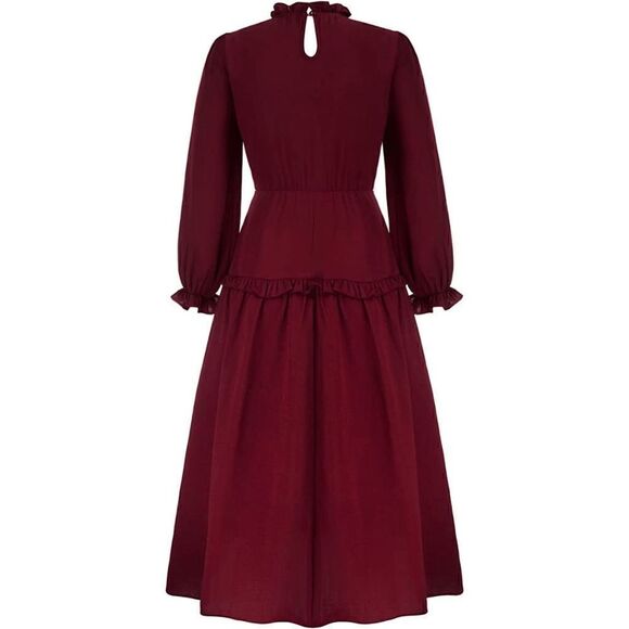NWT Modest Elegant Long Sleeve Retro Vintage Victorian Ruffle Red Midi Dress L - Picture 2 of 16